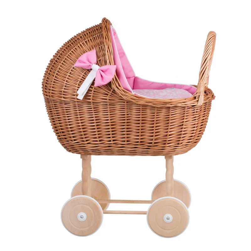 Lena wicker doll stroller with pink trim, blanket, and pillow TheWickerStories