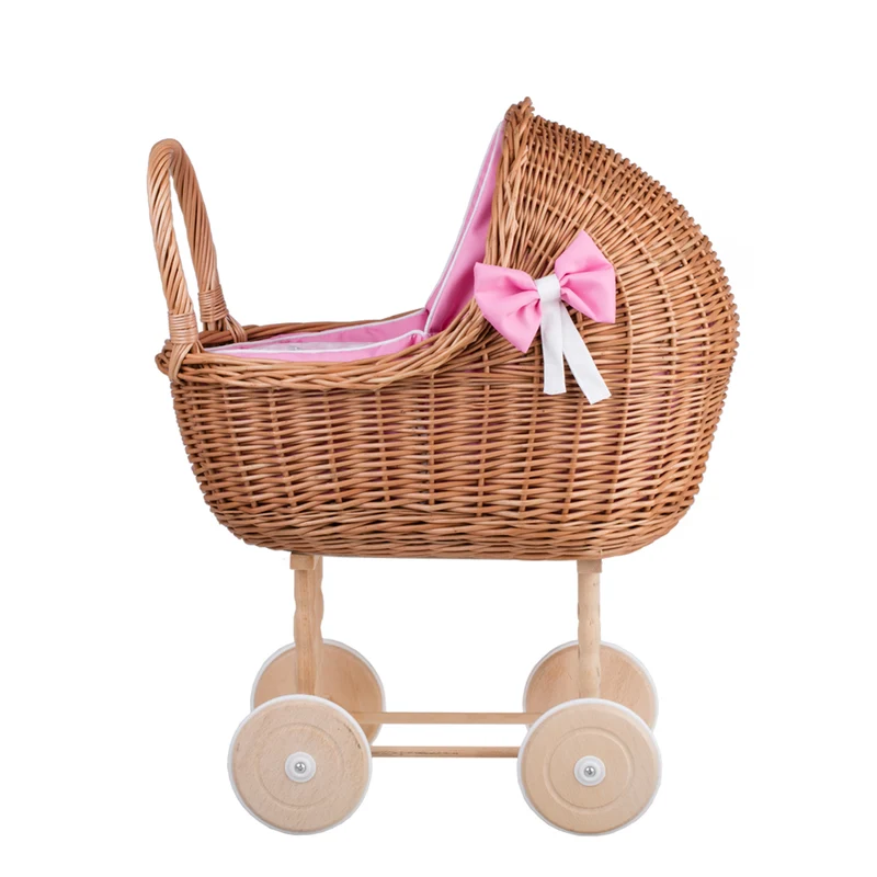 Lena wicker doll stroller with pink trim, blanket, and pillow TheWickerStories
