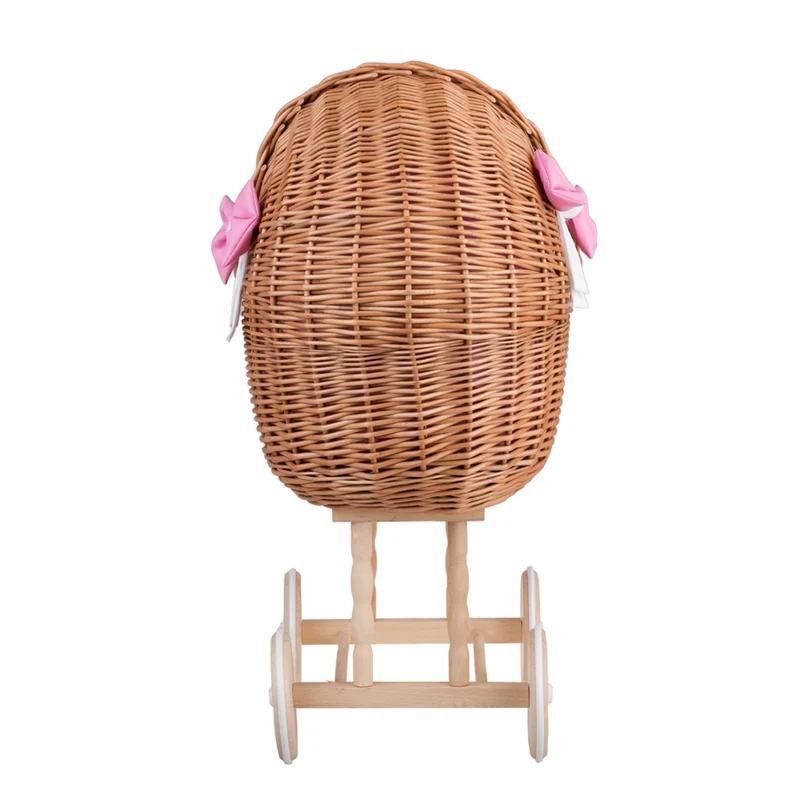 Lena wicker doll stroller with pink trim, blanket, and pillow TheWickerStories