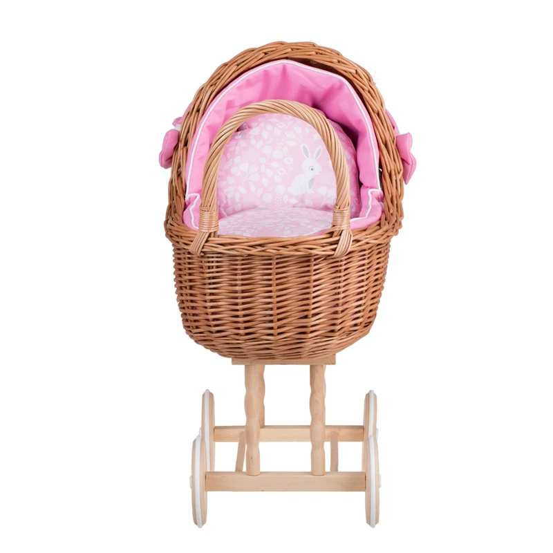 Lena wicker doll stroller with pink trim, blanket, and pillow TheWickerStories