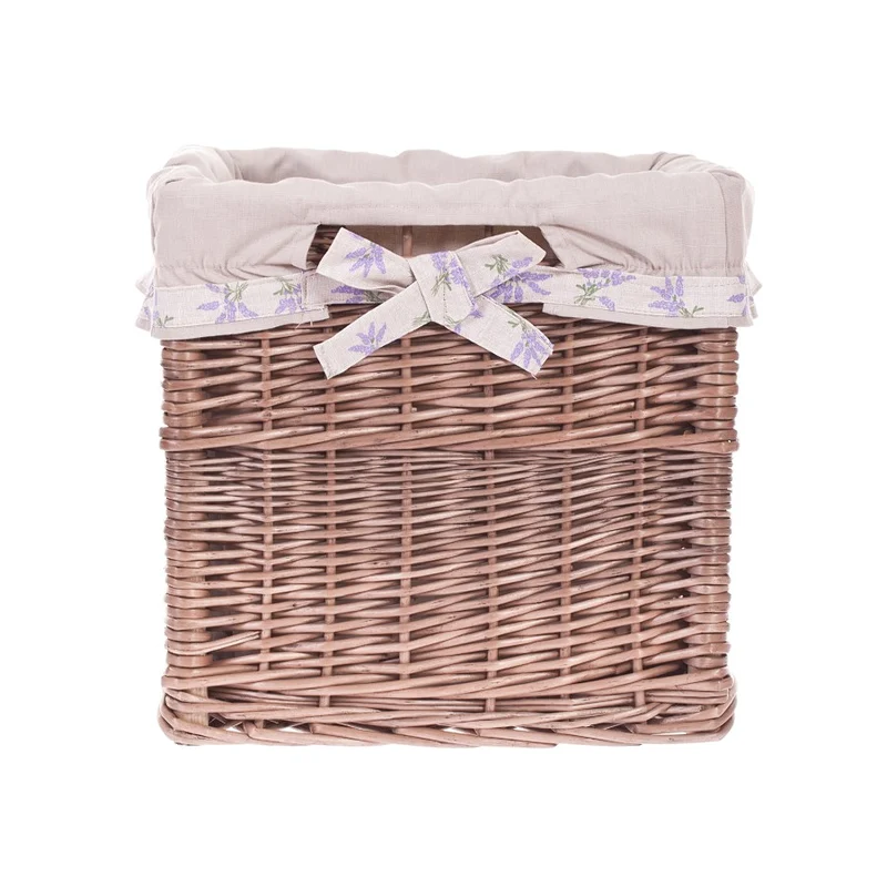 Nova wicker storage basket for shelf with beige trim, handles, and bows TheWickerStories