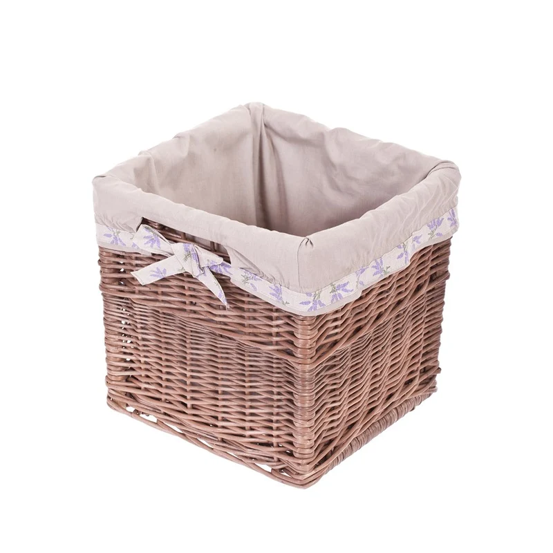 Nova wicker storage basket for shelf with beige trim, handles, and bows TheWickerStories