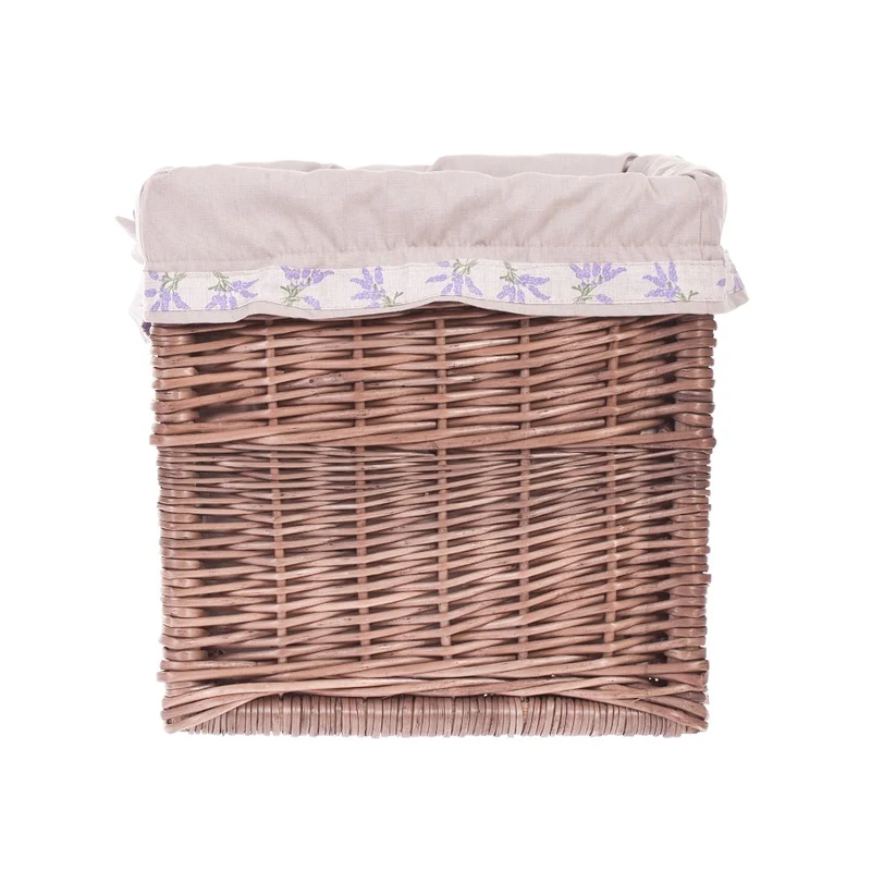 Nova wicker storage basket for shelf with beige trim, handles, and bows TheWickerStories