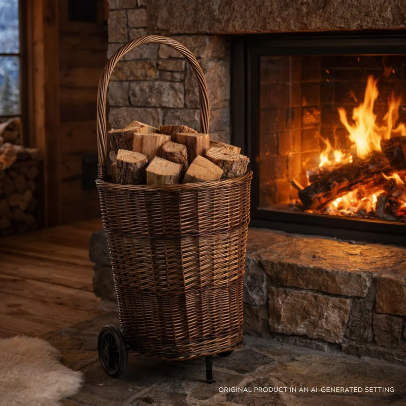 Favoren wicker firewood basket on wheels with handle TheWickerStories
