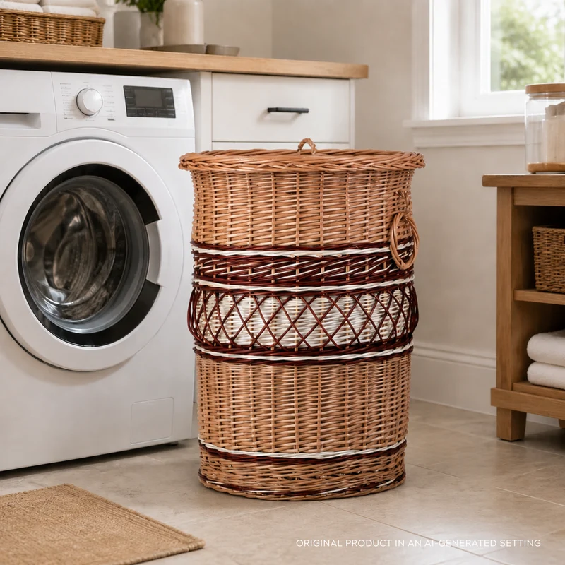Maravia wicker laundry basket with fabric lining, lid, and handles TheWickerStories