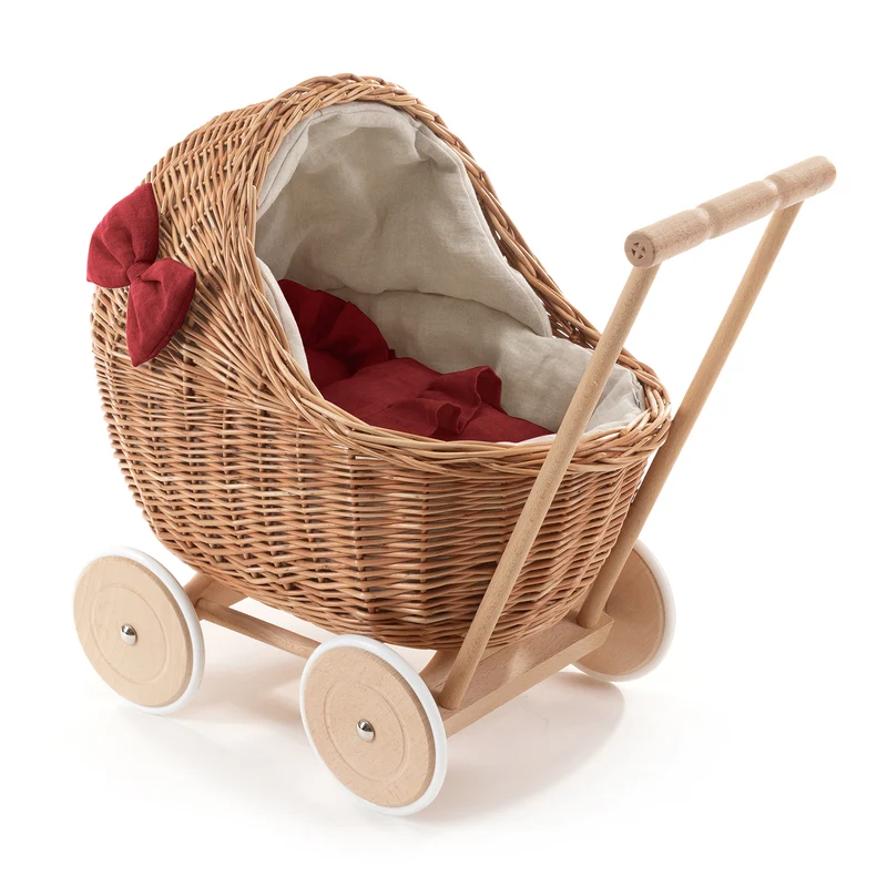 Desayer wicker doll stroller with red trim, blanket, and pillow TheWickerStories