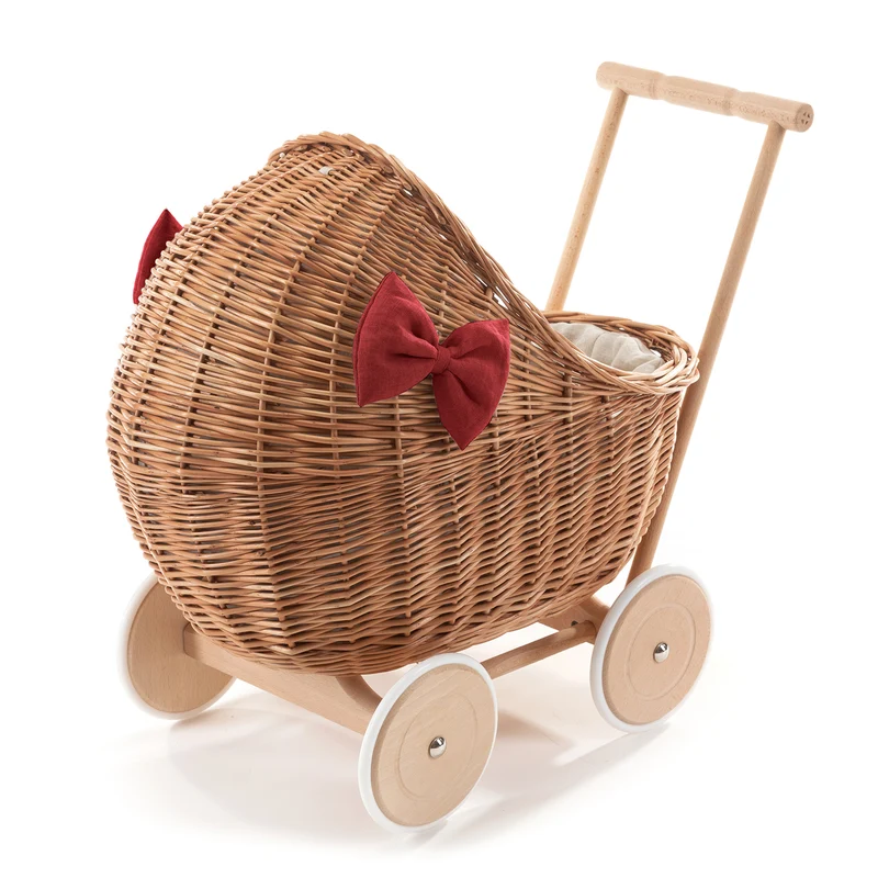 Desayer wicker doll stroller with red trim, blanket, and pillow TheWickerStories