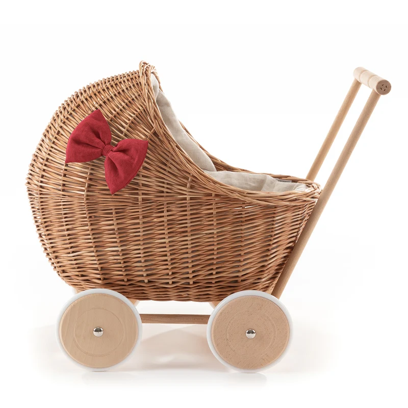 Desayer wicker doll stroller with red trim, blanket, and pillow TheWickerStories