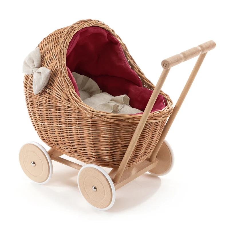 Desayer wicker doll stroller with red trim, blanket, and pillow, with handle TheWickerStories