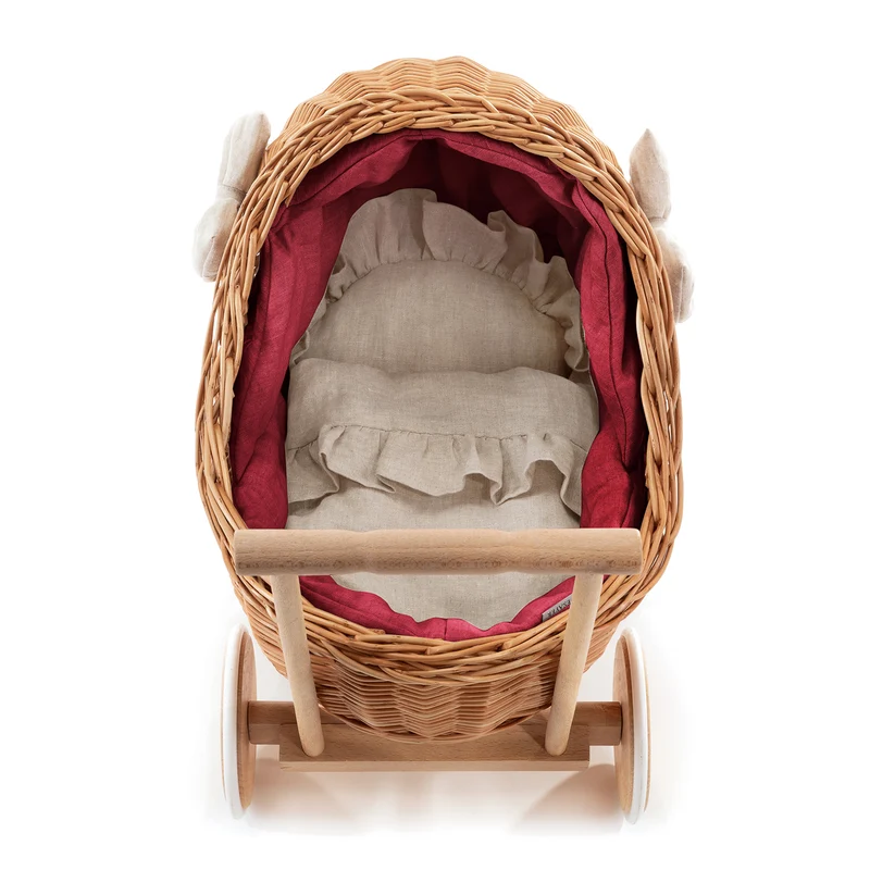 Desayer wicker doll stroller with red trim, blanket, and pillow, with handle TheWickerStories