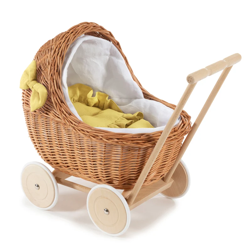 Desayer wicker doll stroller with white trim, blanket, and pillow TheWickerStories