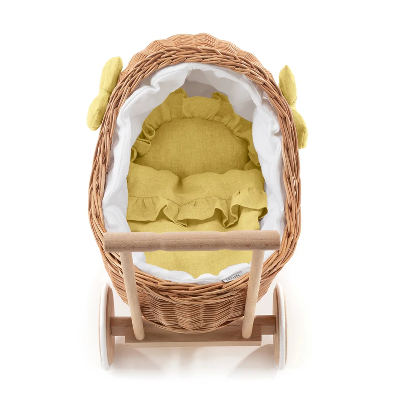 Desayer wicker doll stroller with white trim, blanket, and pillow TheWickerStories