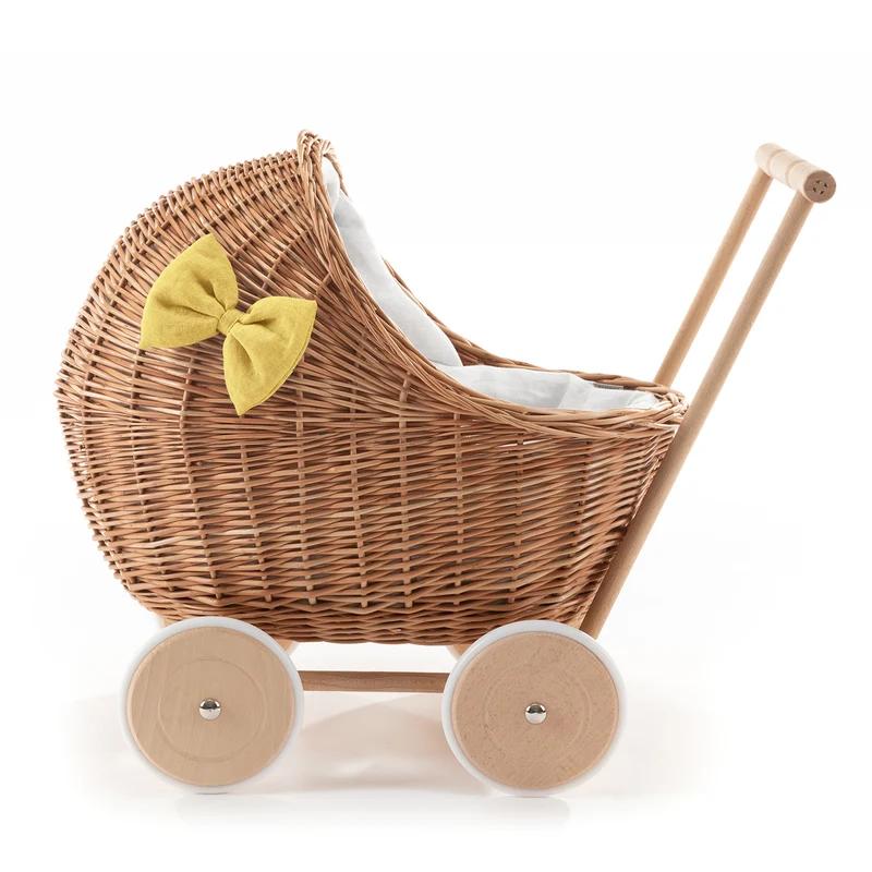 Desayer wicker doll stroller with white trim, blanket, and pillow TheWickerStories