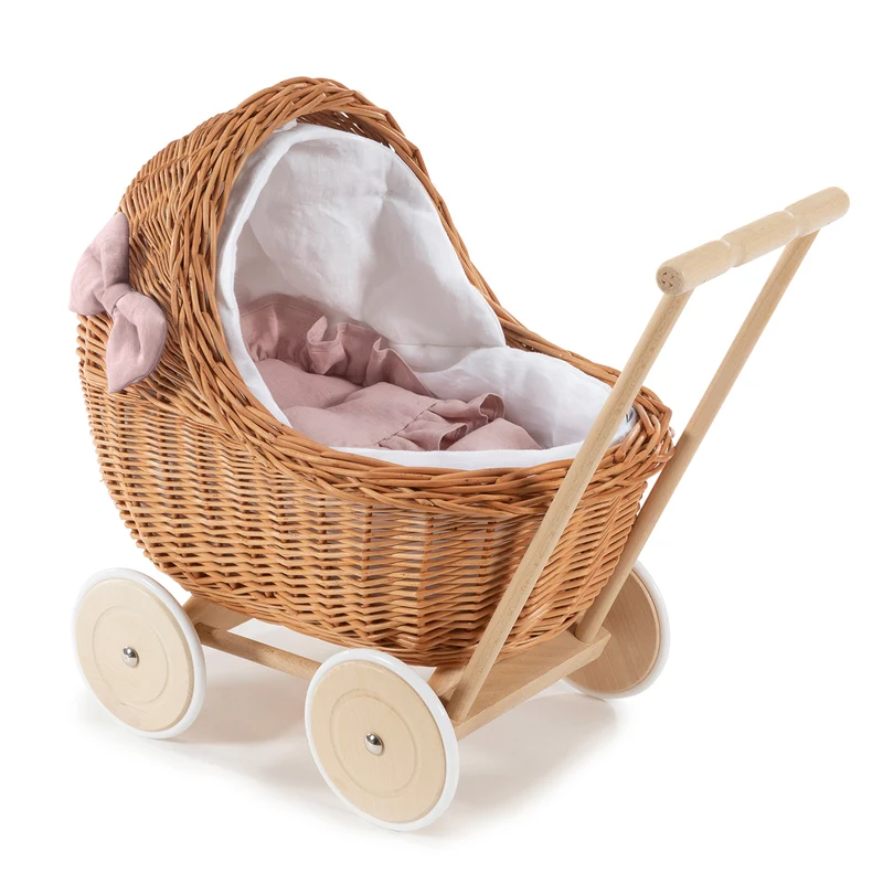 Desayer wicker doll stroller with pink trim, blanket, and pillow, featuring a handle and silent wheels TheWickerStories