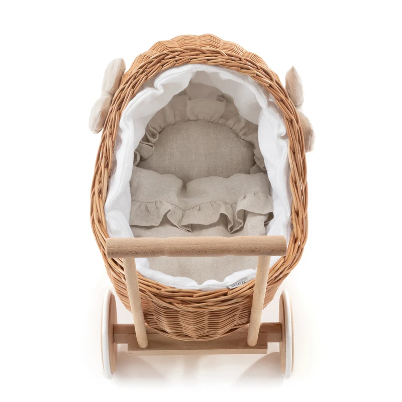 Desayer wicker doll stroller with white trim, blanket, and pillow, with handle TheWickerStories
