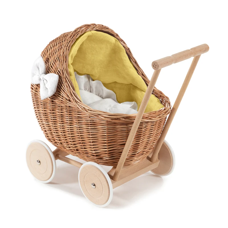 Desayer wicker doll stroller with yellow linen trim, featuring a handle, blanket, and pillow TheWickerStories