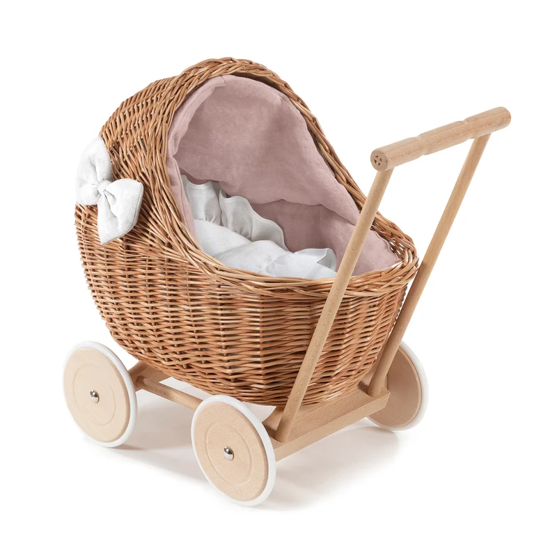 Desayer wicker doll stroller with white trim, handle, blanket, and pillow TheWickerStories