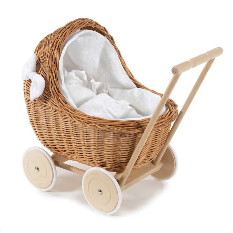 Desayer wicker doll stroller with white trim, blanket, pillow, and handle TheWickerStories