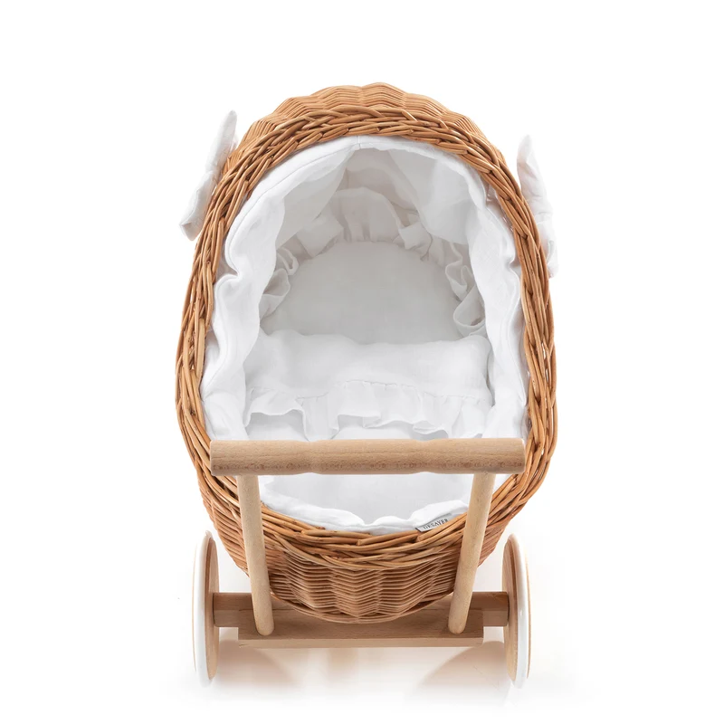 Desayer wicker doll stroller with white trim, blanket, pillow, and handle TheWickerStories
