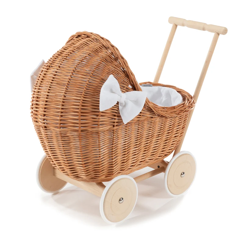 Desayer wicker doll stroller with white trim, blanket, pillow, and handle TheWickerStories