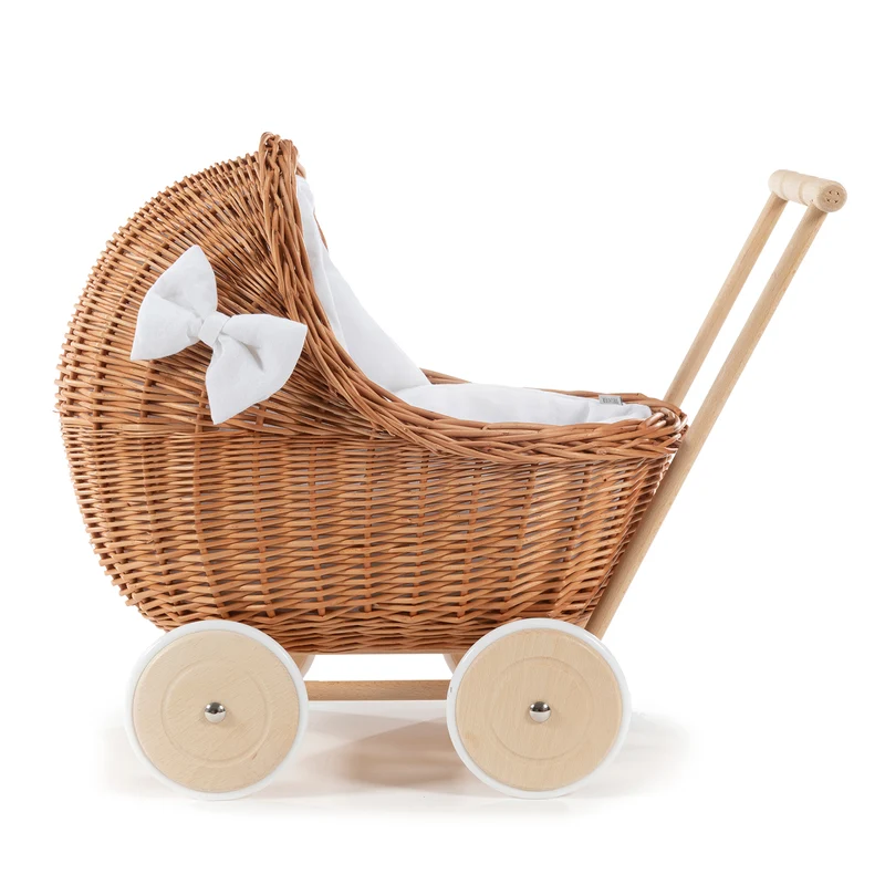 Desayer wicker doll stroller with white trim, blanket, pillow, and handle TheWickerStories