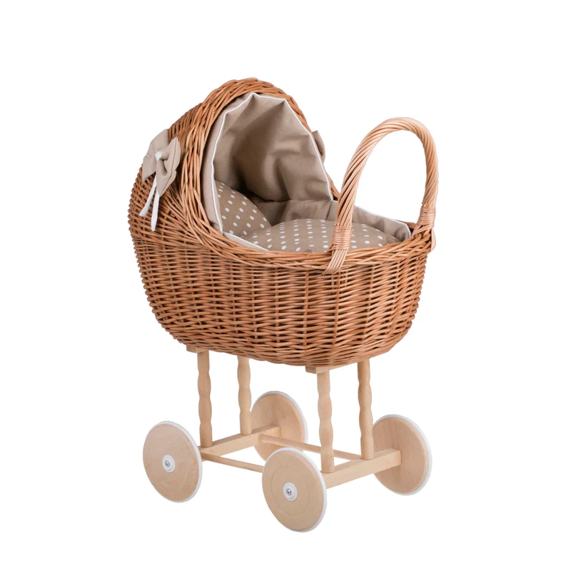 Lena wicker doll stroller with beige trim, blanket, and pillow TheWickerStories