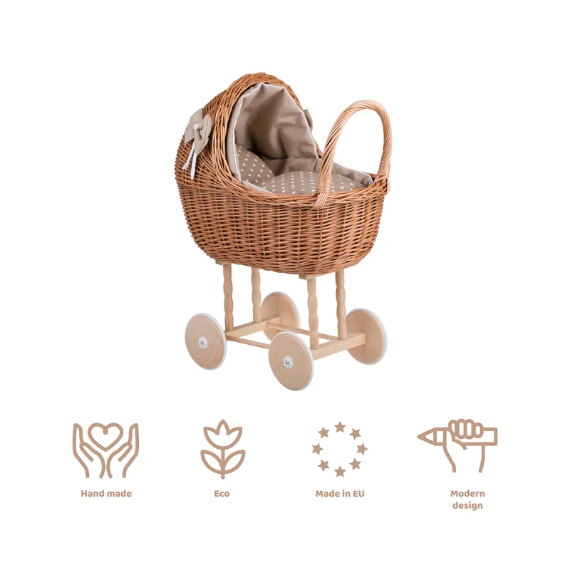Lena wicker doll stroller with beige trim, blanket, and pillow TheWickerStories