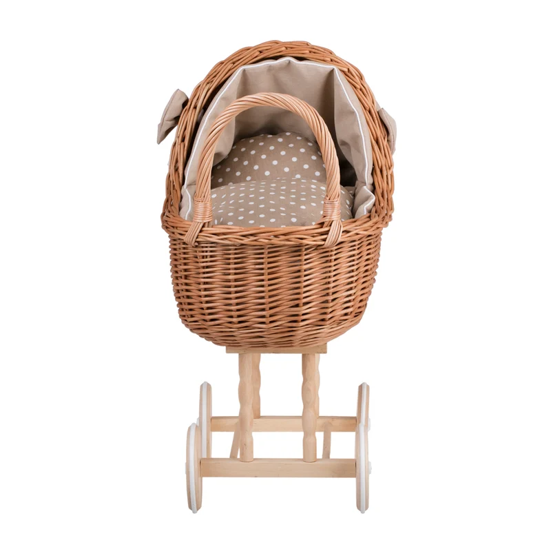 Lena wicker doll stroller with beige trim, blanket, and pillow TheWickerStories