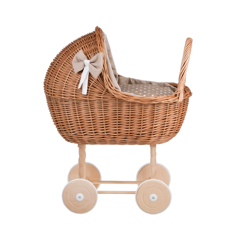 Lena wicker doll stroller with beige trim, blanket, and pillow TheWickerStories