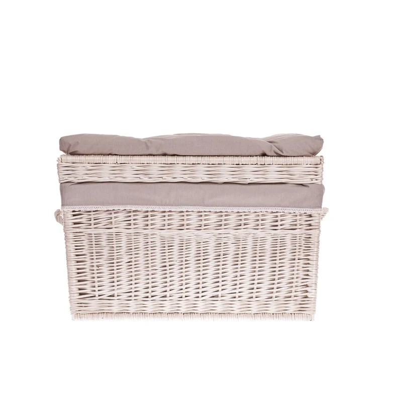 Kogia wicker basket with beige trim, cushion, handles, and lid TheWickerStories