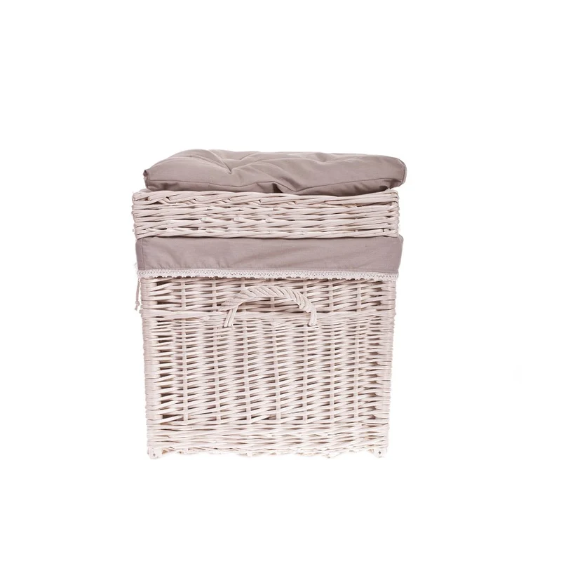 Kogia wicker basket with beige trim, cushion, handles, and lid TheWickerStories