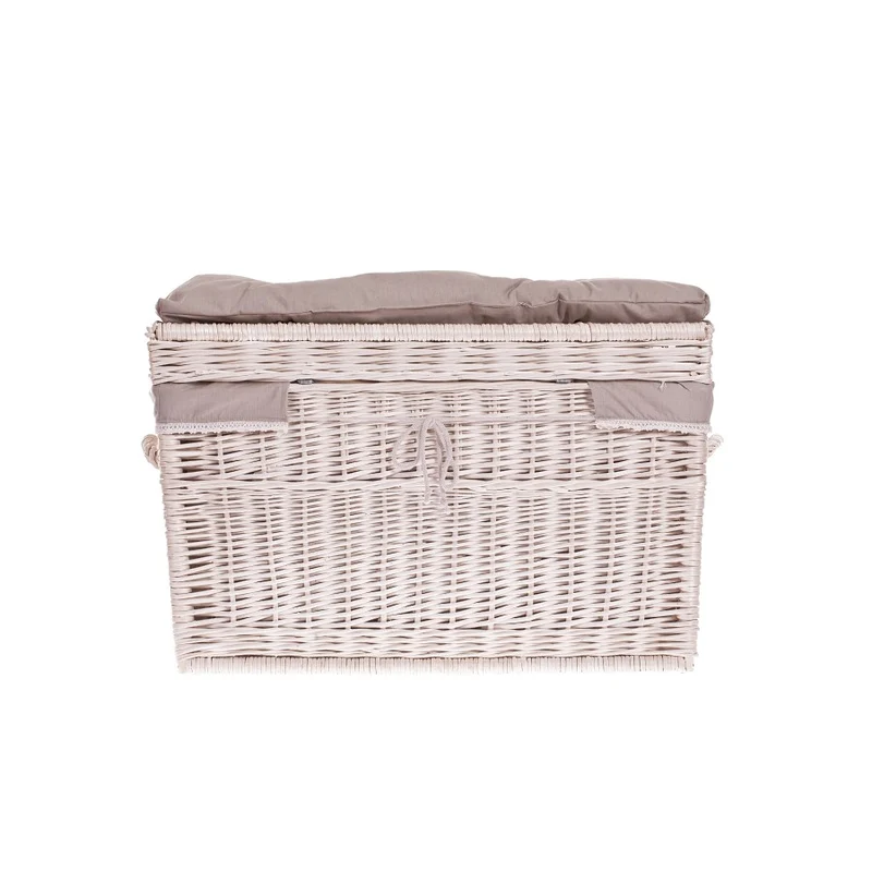 Kogia wicker basket with beige trim, cushion, handles, and lid TheWickerStories