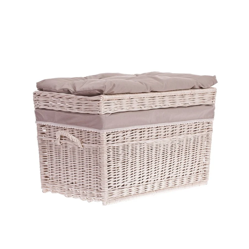 Kogia wicker basket with beige trim, cushion, handles, and lid TheWickerStories