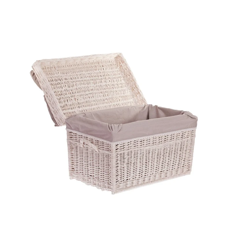 Kogia wicker basket with beige trim, cushion, handles, and lid TheWickerStories