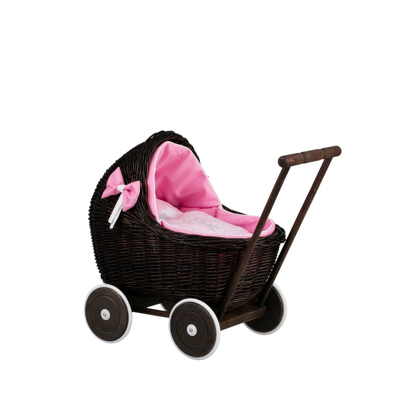 Lili wicker doll stroller with pink trim, blanket, and pillow TheWickerStories