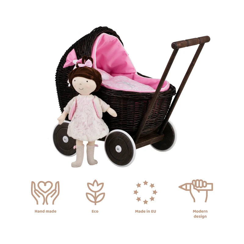 Lili wicker doll stroller with pink trim, blanket, and pillow TheWickerStories
