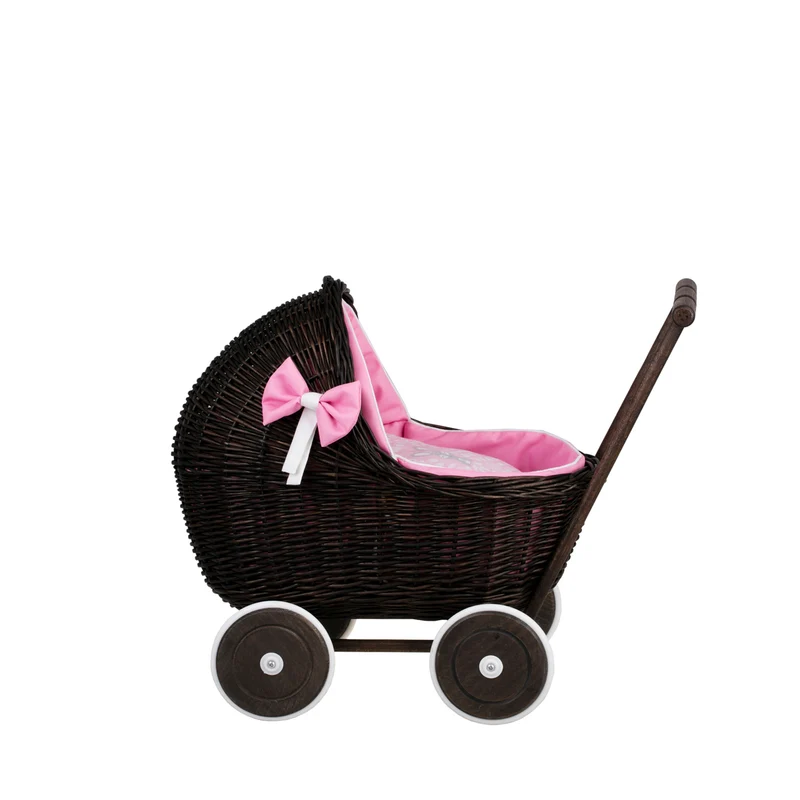 Lili wicker doll stroller with pink trim, blanket, and pillow TheWickerStories