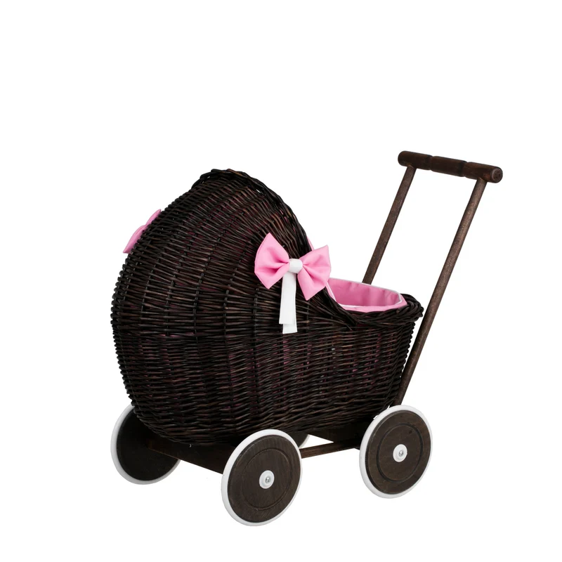Lili wicker doll stroller with pink trim, blanket, and pillow TheWickerStories