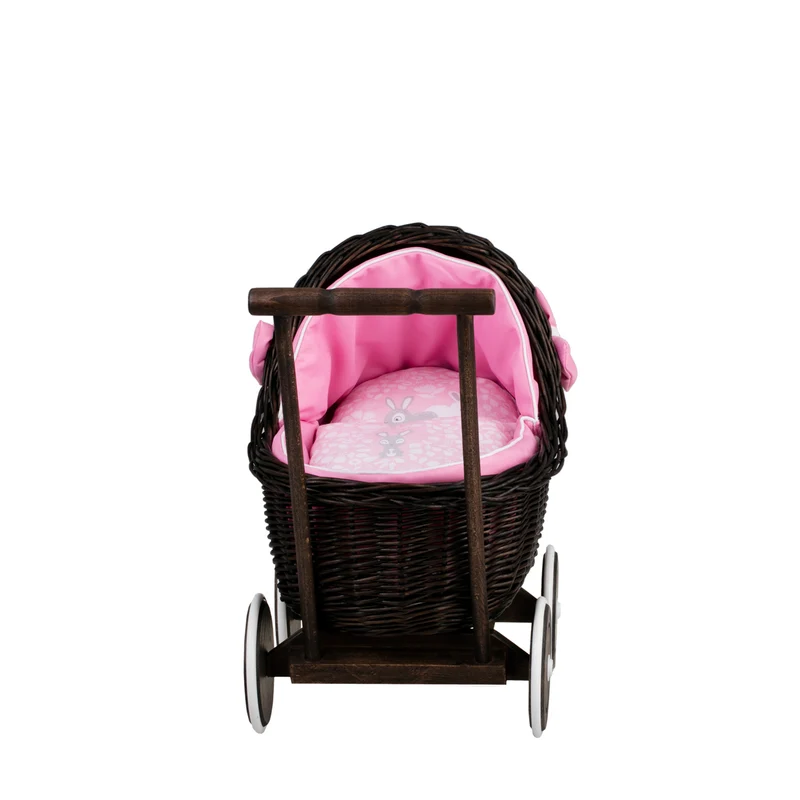Lili wicker doll stroller with pink trim, blanket, and pillow TheWickerStories