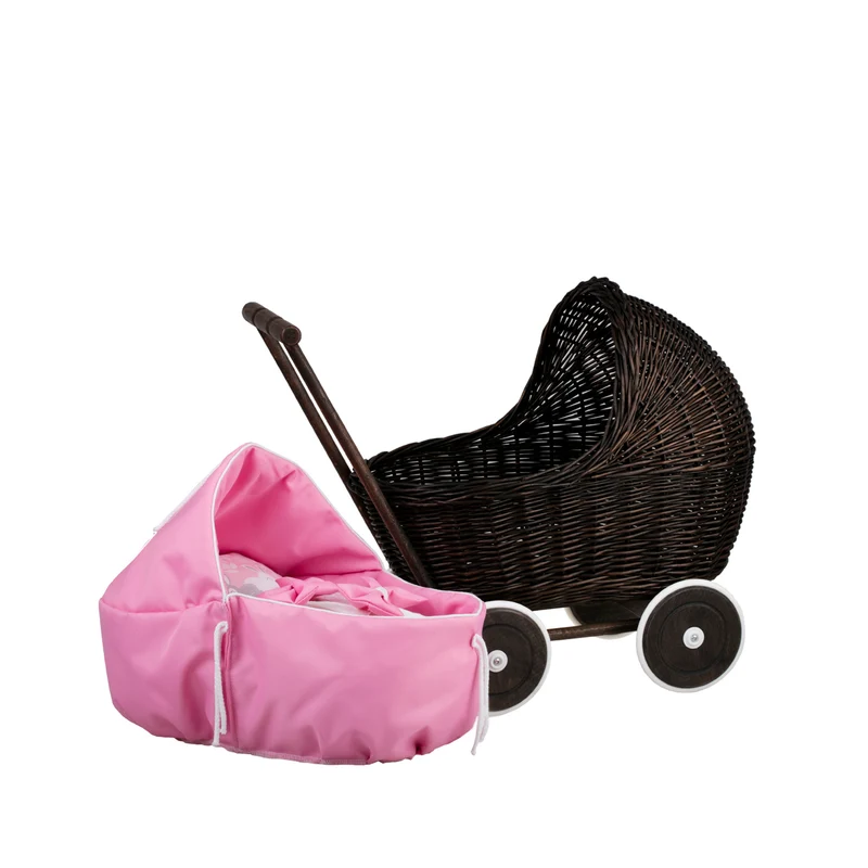 Lili wicker doll stroller with pink trim, blanket, and pillow TheWickerStories