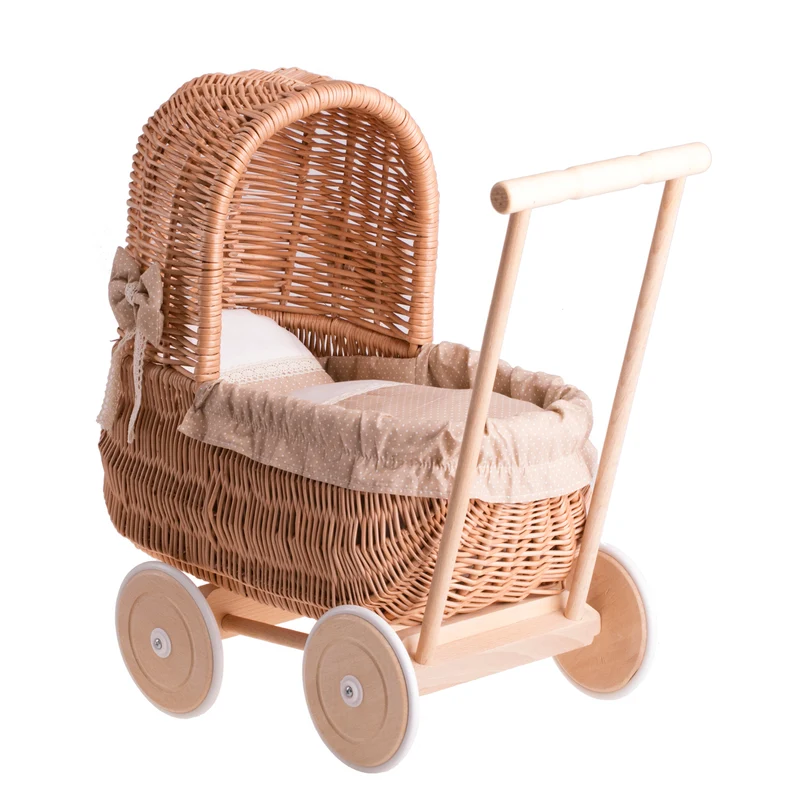 Lala wicker doll stroller with beige trim, blanket and pillow TheWickerStories