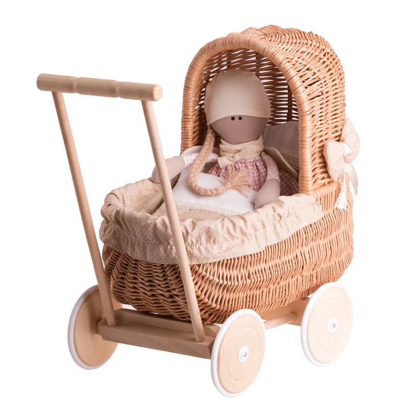 Lala wicker doll stroller with beige trim, blanket and pillow TheWickerStories