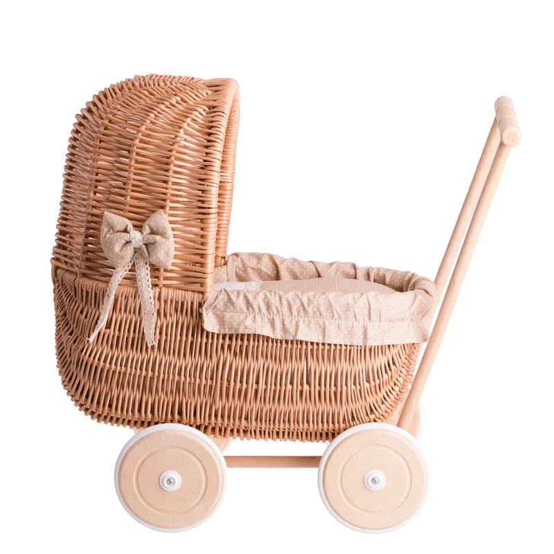 Lala wicker doll stroller with beige trim, blanket and pillow TheWickerStories
