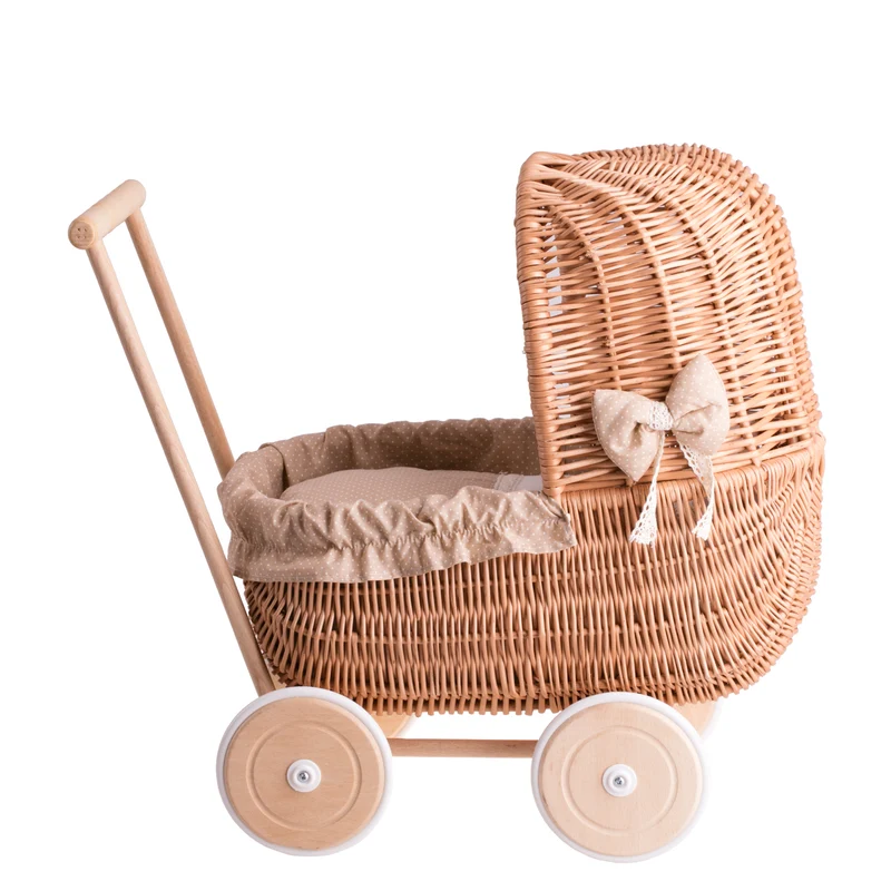Lala wicker doll stroller with beige trim, blanket and pillow TheWickerStories