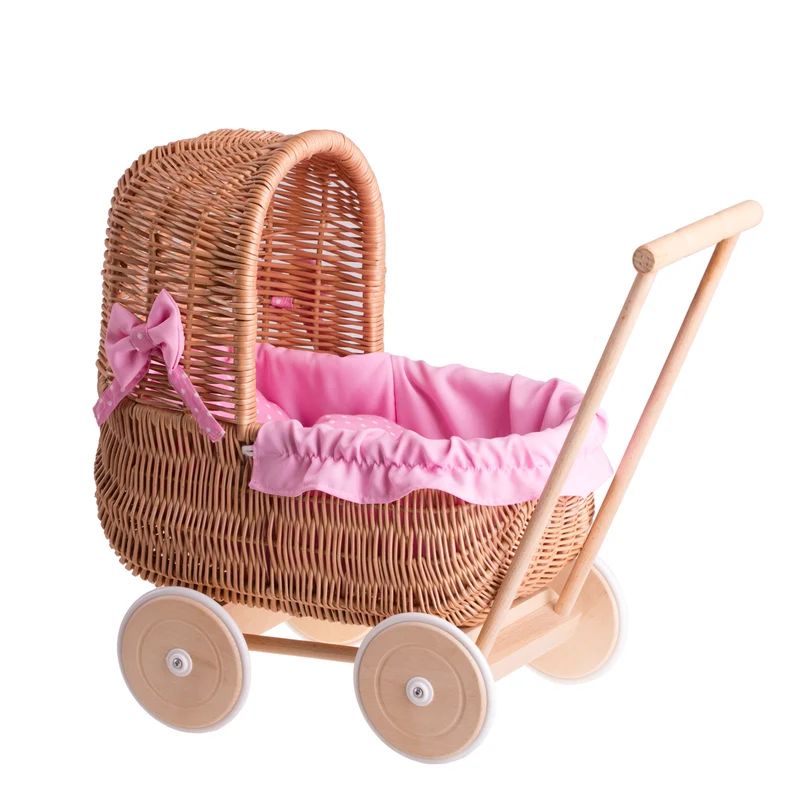 Lala wicker doll stroller with pink trim, blanket, and pillow TheWickerStories