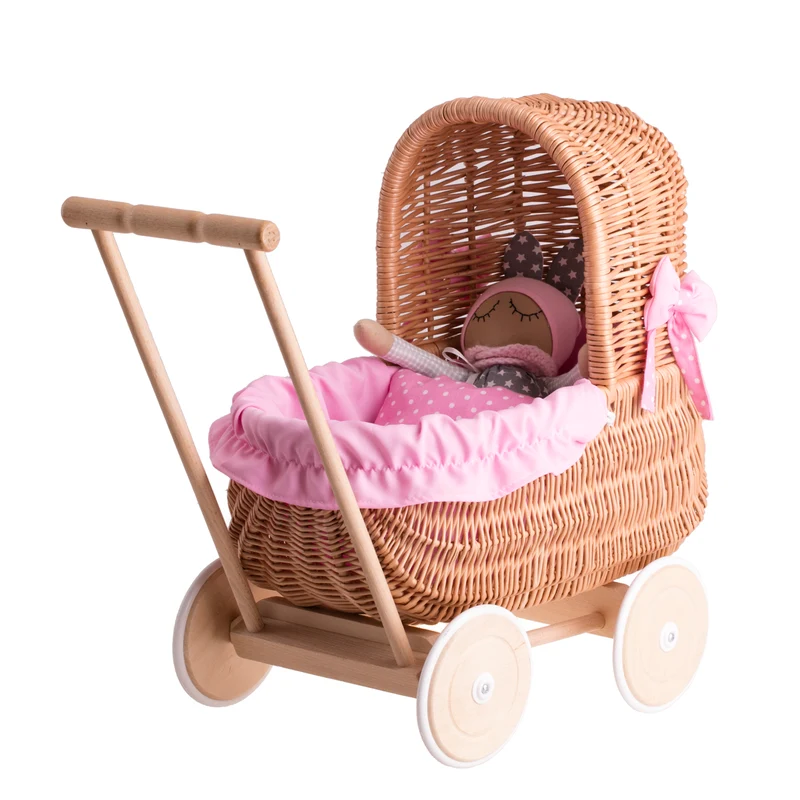 Lala wicker doll stroller with pink trim, blanket, and pillow TheWickerStories