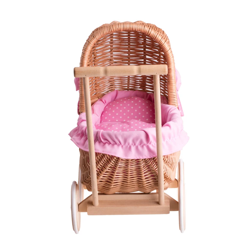 Lala wicker doll stroller with pink trim, blanket, and pillow TheWickerStories