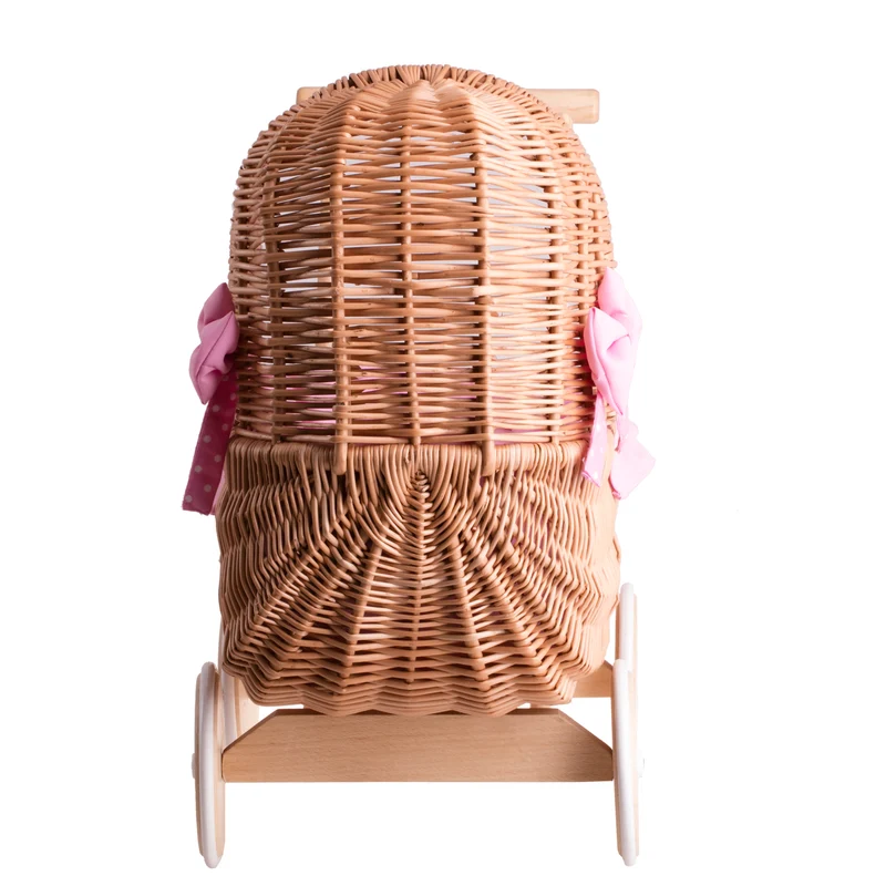 Lala wicker doll stroller with pink trim, blanket, and pillow TheWickerStories
