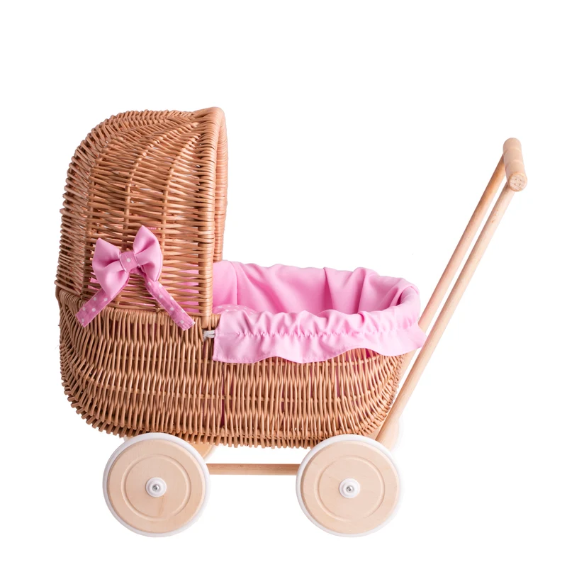 Lala wicker doll stroller with pink trim, blanket, and pillow TheWickerStories