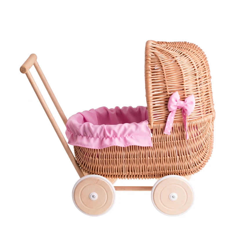 Lala wicker doll stroller with pink trim, blanket, and pillow TheWickerStories